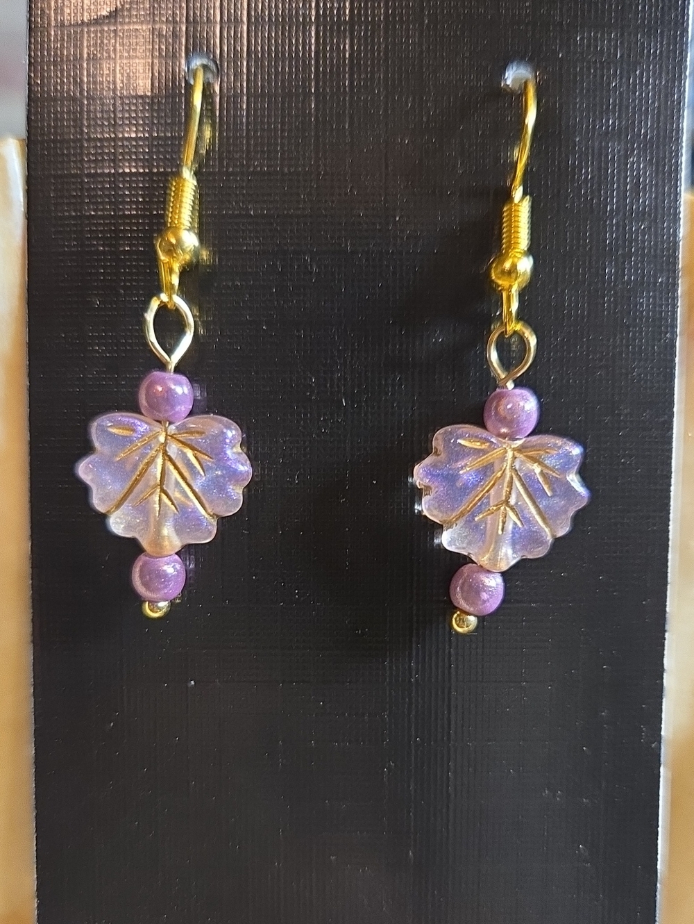Purple Leaf Dangle Earrings with Gold Accents: A